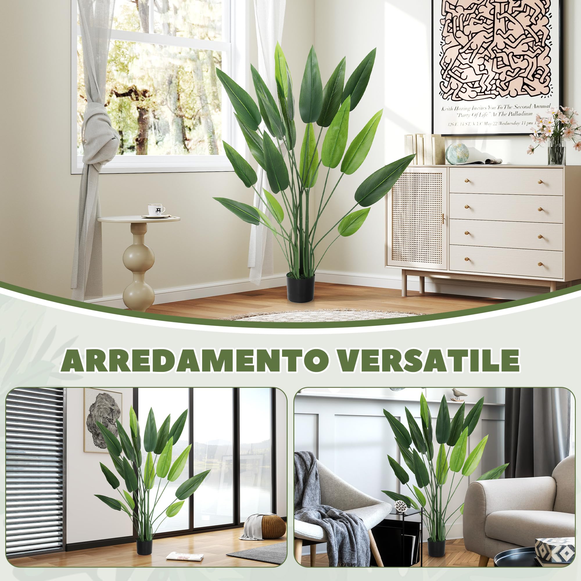 HOMCOM Pianta Artificiale Verde di Uccello del Paradiso, 20 Foglie, 140 cm