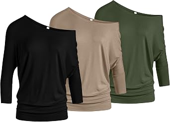3 Pack Dolman Tops for Women Off The Shoulder Tops Banded Waistband Shirts 3/4 Sleeves Regular and Plus Size Tops Value Pack
