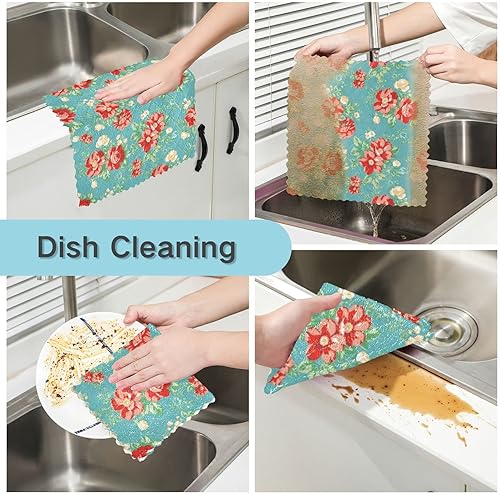 Miniatura 2 de Trapos de cocina reutilizables con diseño de rosas rojas, color verde azulado, paños de limpieza de microfibra de secado rápido para ventana de