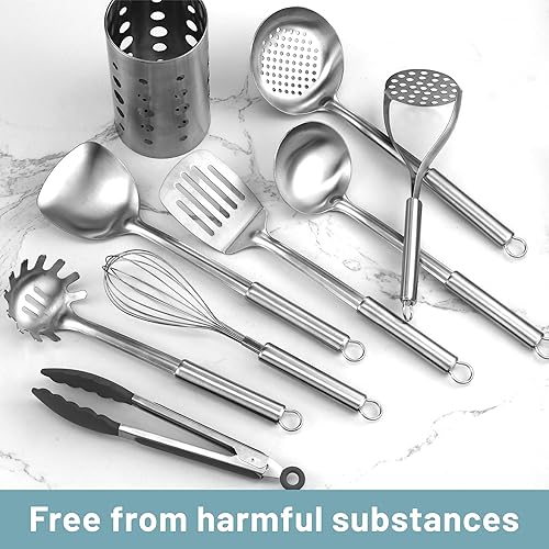 Miniatura 4 de Pleafind Juego de utensilios de cocina de acero inoxidable, 9 piezas resistentes al calor, juego de herramientas de cocina antiadherentes con