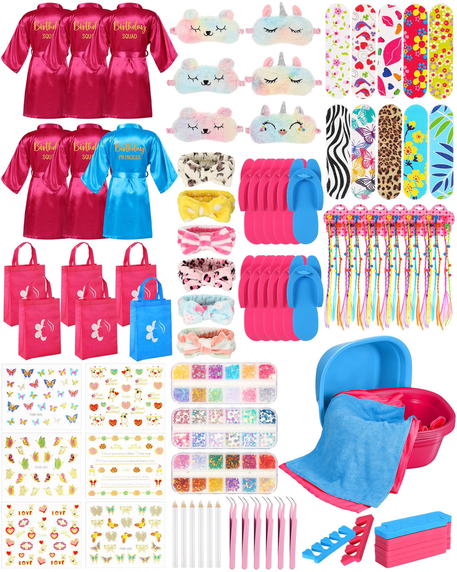 Suhine 6 Set Spa Party Supplies for Girls Kids 6 Satin Robes Spa Kit Sleepover Birthday Slumber Party Favors Nail Salon Pack