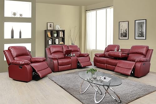 GS28XX - Juego de sofá reclinable de 3 piezas, tapicería de cuero regenerado, manual con mesa desplegable y consola central (rojo, 3 piezas)