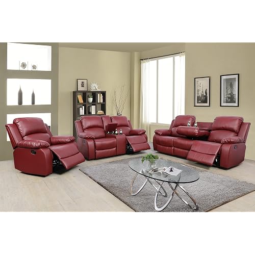 3-Piece Living Room Reclining Sofa Set|Bonded Leather Upholstery|Manual with Drop Down Table and Mid Console (Red, 3 Pieces) (GS28XX)