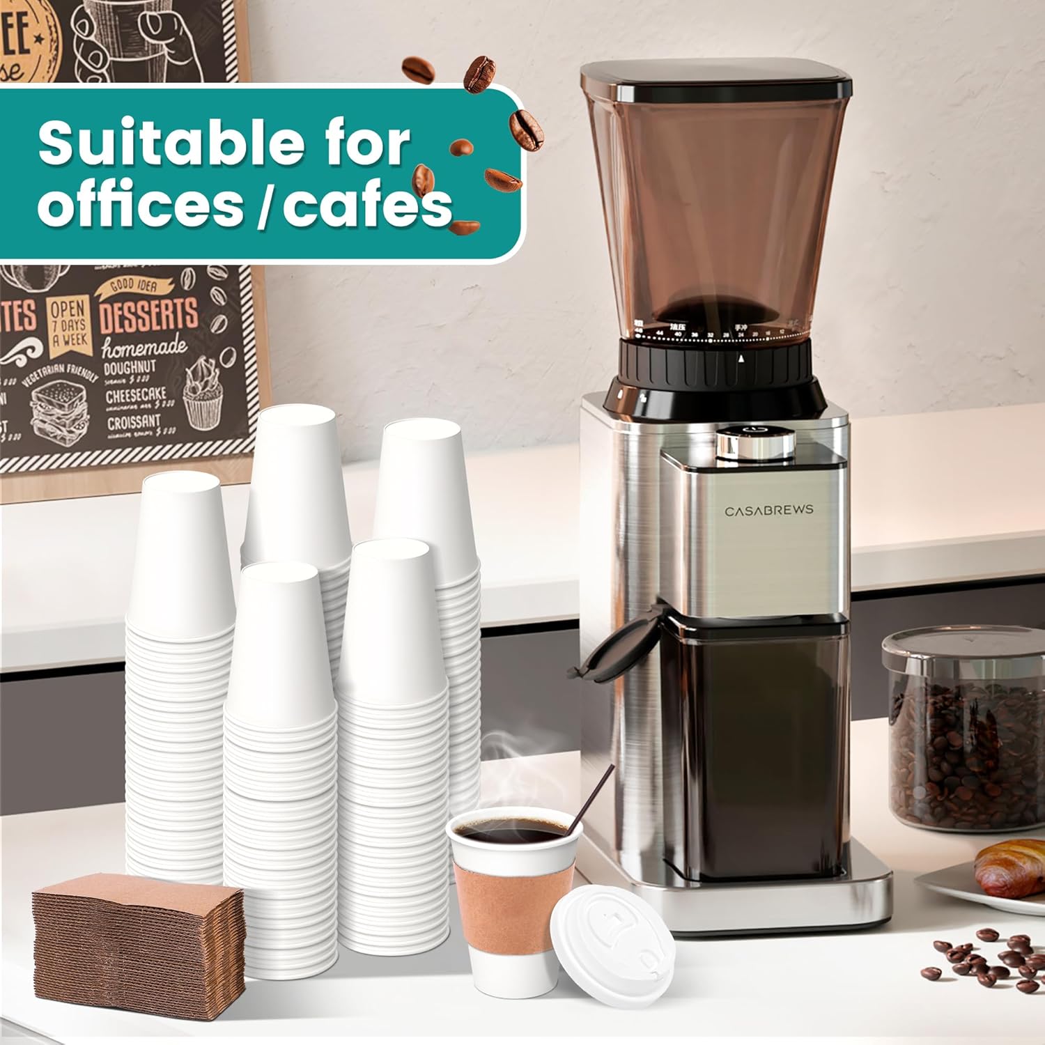 12 oz Disposable Coffee Cups with Lids, Sleeves and Stirrers 100 Pack, Hot Cups with Lids, Leak-Proof To Go Cups for Hot Chocolate, Cocoa, Office, Coffee Bar Accessories - Image 2