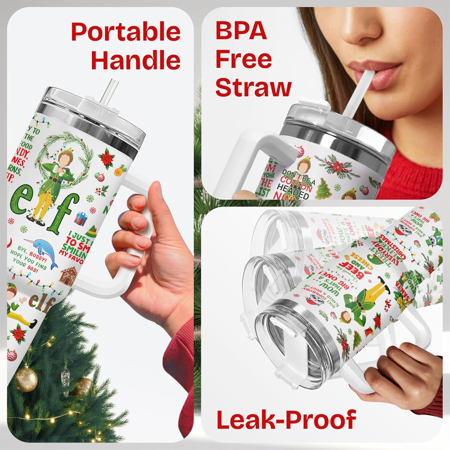 34HD Xmas Festival Tumbler 40oz with Handle and Straw, Festive Holiday Elf Stainless Steel Insulated Travel Coffee Mug - Christmas Gift Cup for Him Her & Coffee Lovers - Image 6