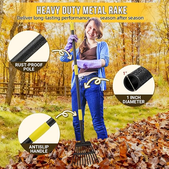 Leaf Rake, Small Rake for Leaves with 30-60 Adjustable Long Handle, 11 Tines 8.5 Wide, Metal Rakes Heavy Duty for Lawns, Gardening, Yard, Camping, Shrub, Grass, Bush, Weed, Debris