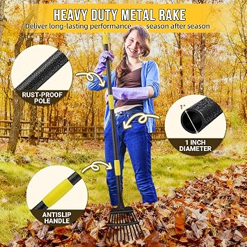 Leaf Rake, Small Rake for Leaves with 30-60 Adjustable Long Handle, 11 Tines 8.5 Wide, Metal Rakes Heavy Duty for Lawns, Gardening, Yard, Camping, Shrub, Grass, Bush, Weed, Debris