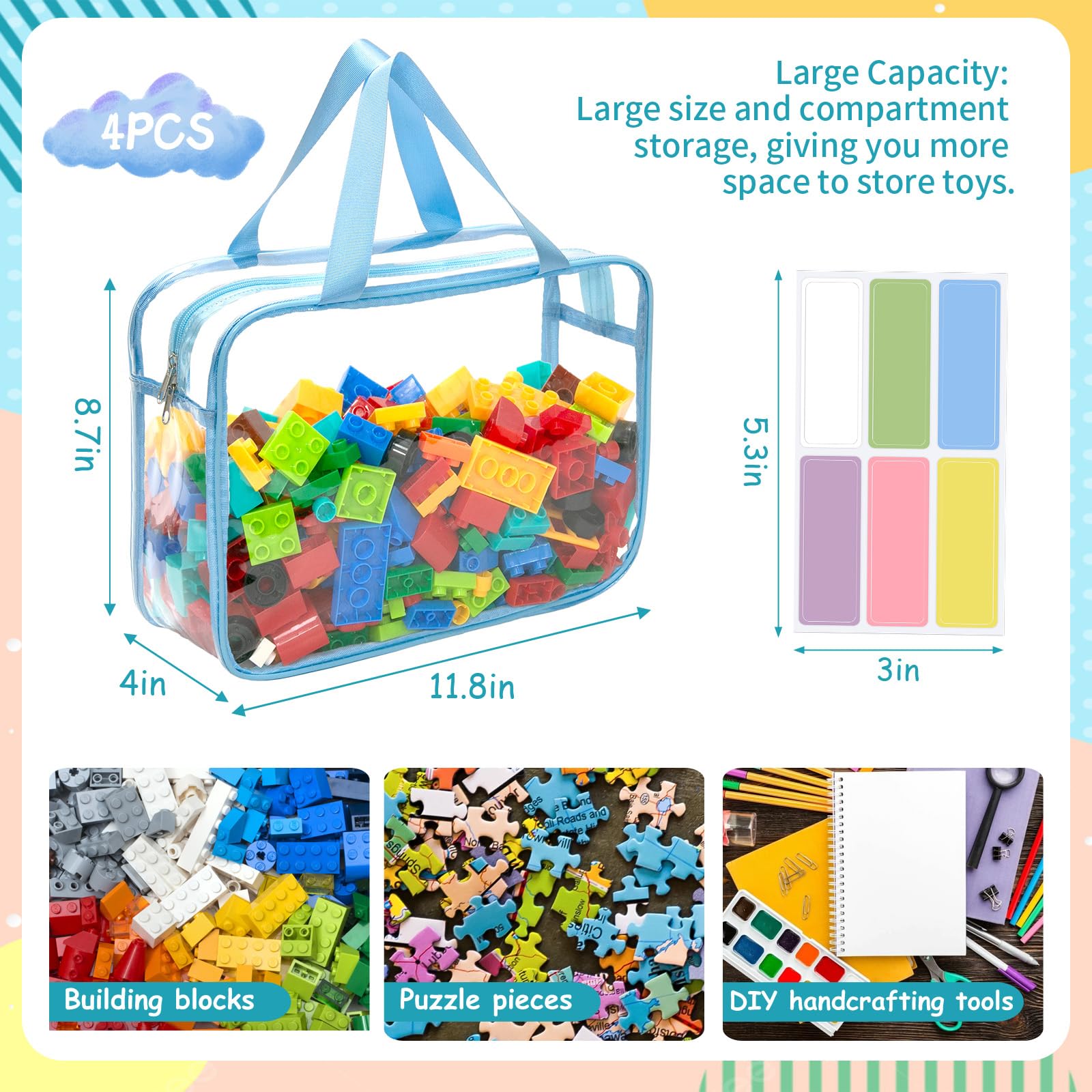 4 Packs 4 Colors Large Toy Storage Bags with Zipper and Labels, Clear PVC Waterproof Toy Organizers Bags for Board Games, Puzzles Pieces, Building Blocks, Handmade Accessories