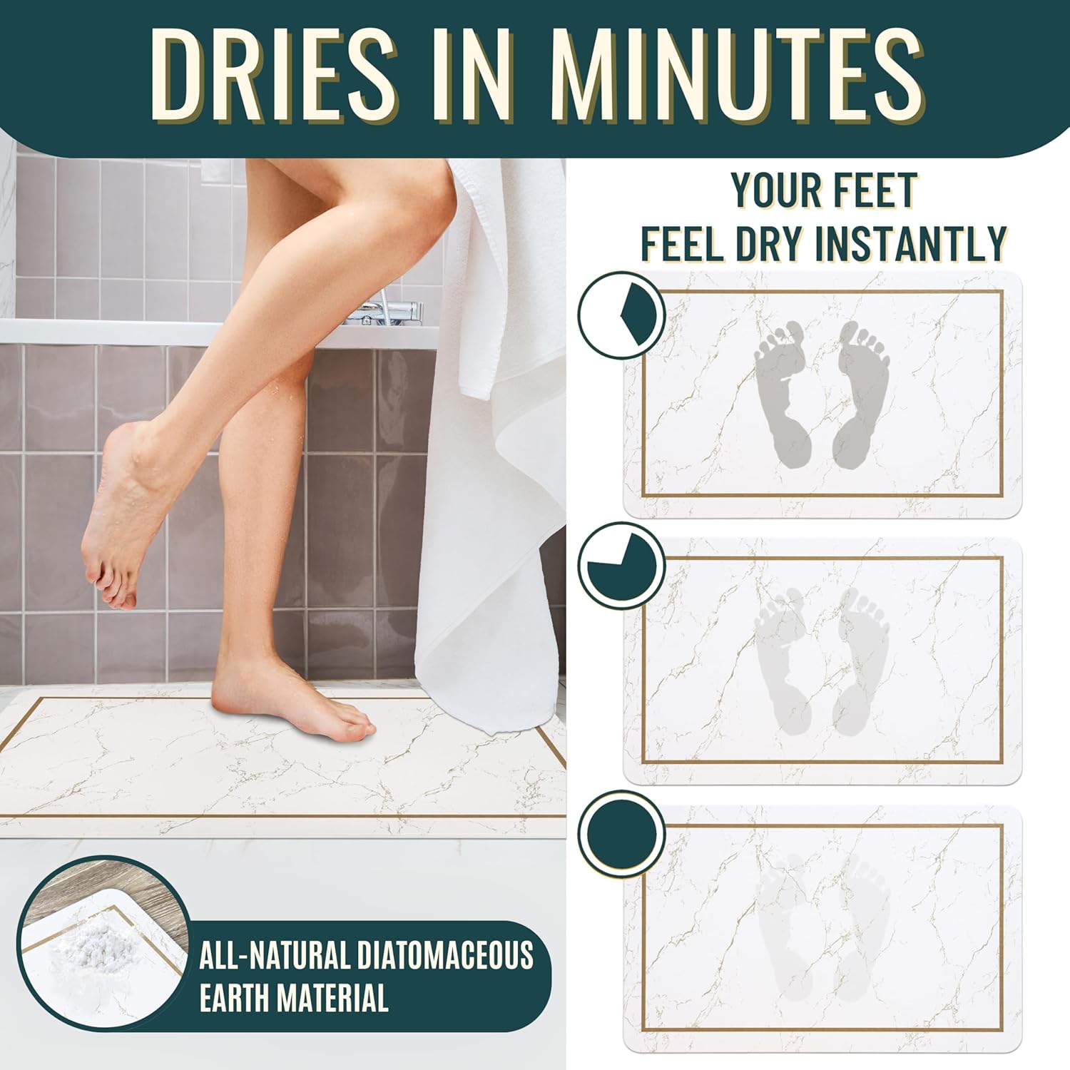 Stone Bath Mat Large, 32" x 20" – Super Absorbent Stone Bath Mats for Bathroom, Quick-Drying Diatomaceous Earth Bath Mat Large XL, Modern Diatomite Mat Easy to Clean, White Modern Marble - Image 5