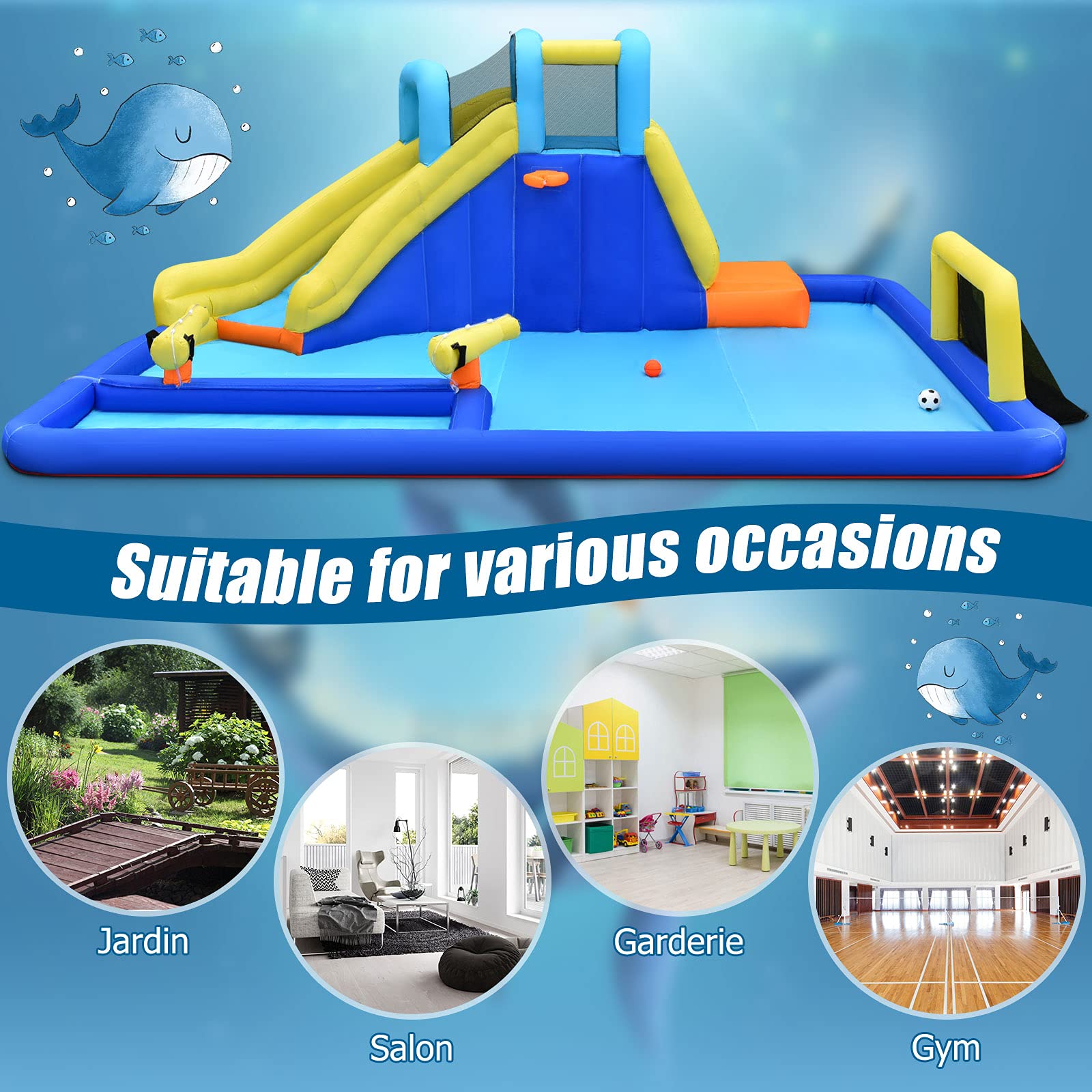 GOPLUS - Castillo hinchable con tobogán y pistola de agua, zona de juegos acuática con entretenimiento múltiple, ideal para niños mayores de 3 años (con soplador de 680 W)