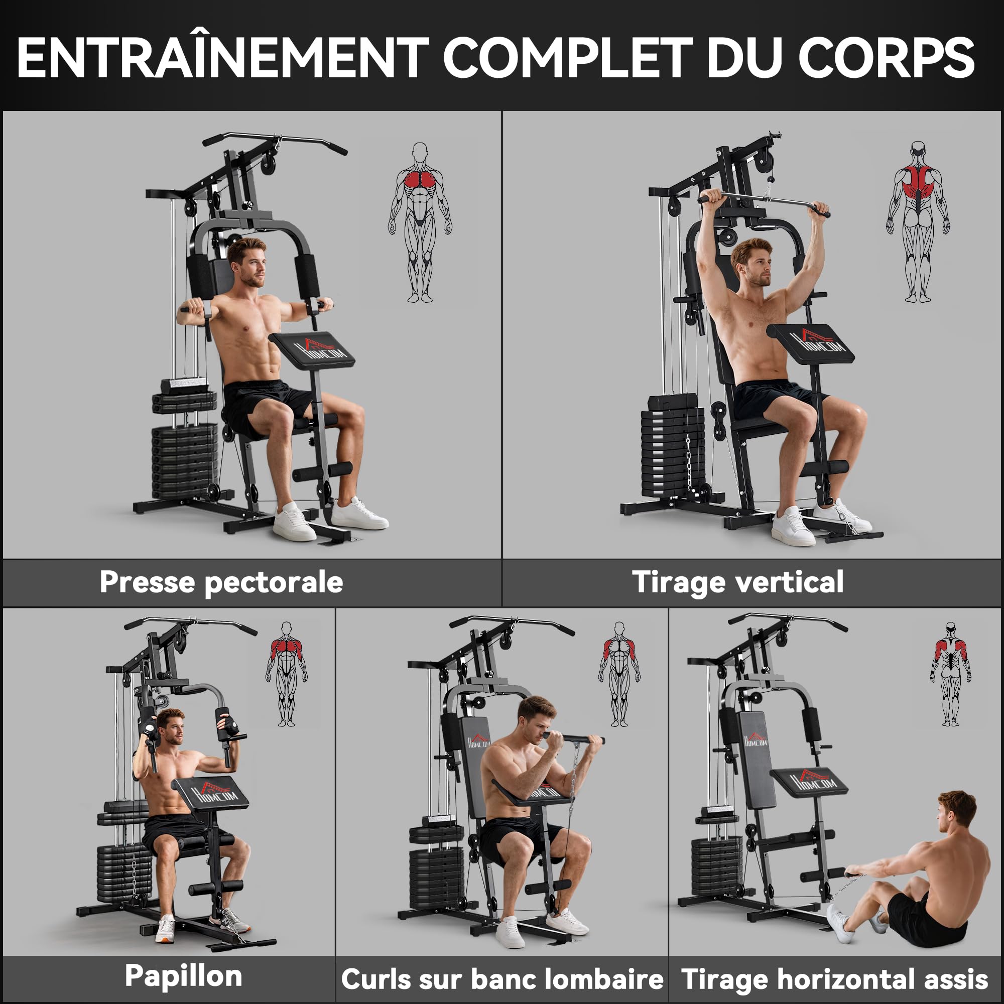 HOMCOM Station de Musculation Multifonction avec Stack de 65 kg, Double Poulie, Station de Développé Couché, Butterfly, Plateforme à Biceps & Développeur de Jambes, Noir