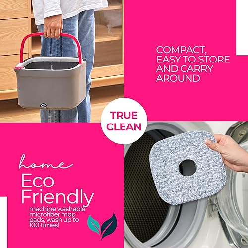 Miniatura 23 de TRUE & TIDY Sistema de trapeador giratorio cuadrado y cubeta – Doble cámara para agua limpia y sucia, trapeador giratorio de 360° con cepillo