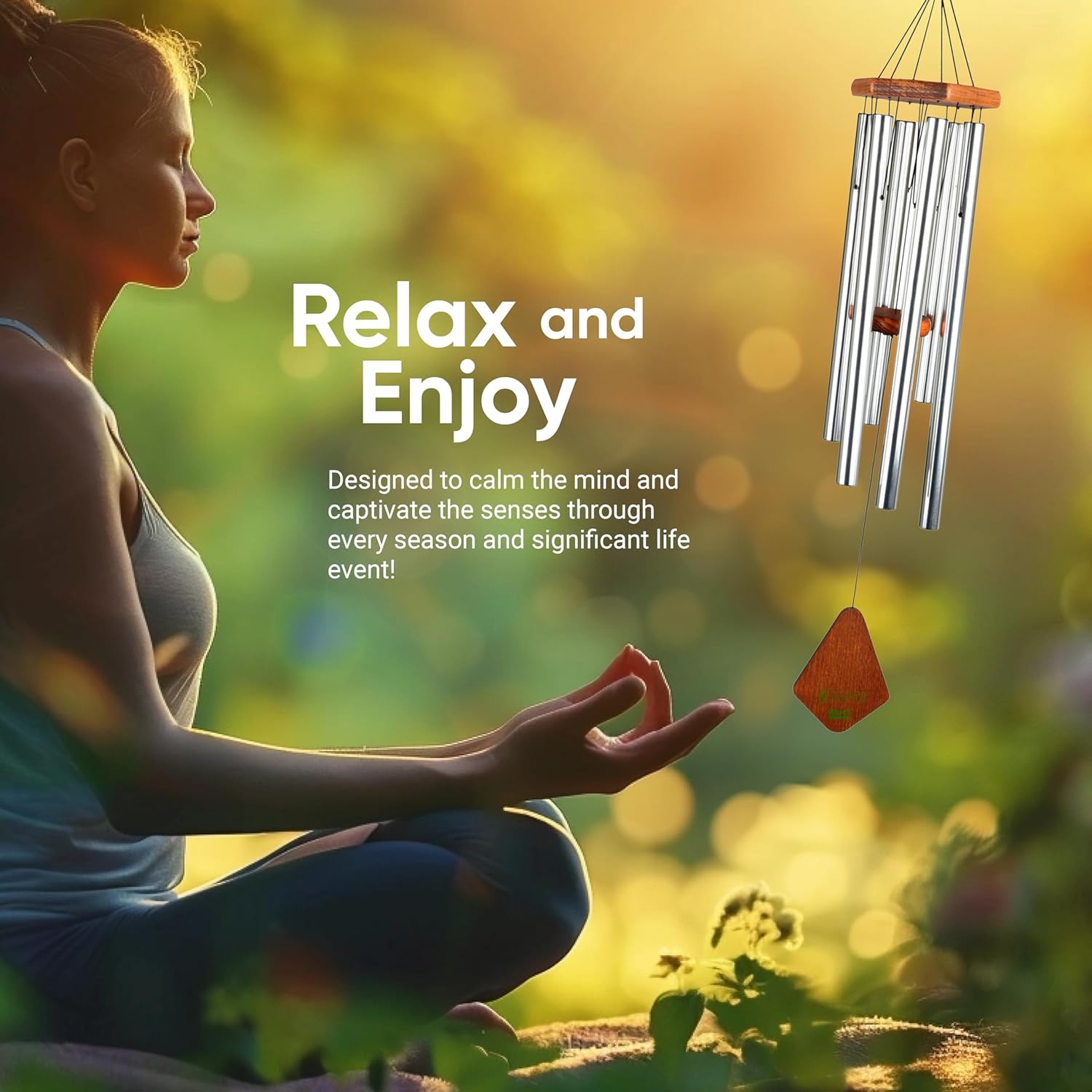 Nature’s Melody Premiere Grande Tunes Wind Chimes – Outdoor Windchime with 6 Tubes Tuned to E Pentatonic Scale, Rustproof Aluminum, Beech Wood & S Hook Hanger (Silver, 24 Inch)