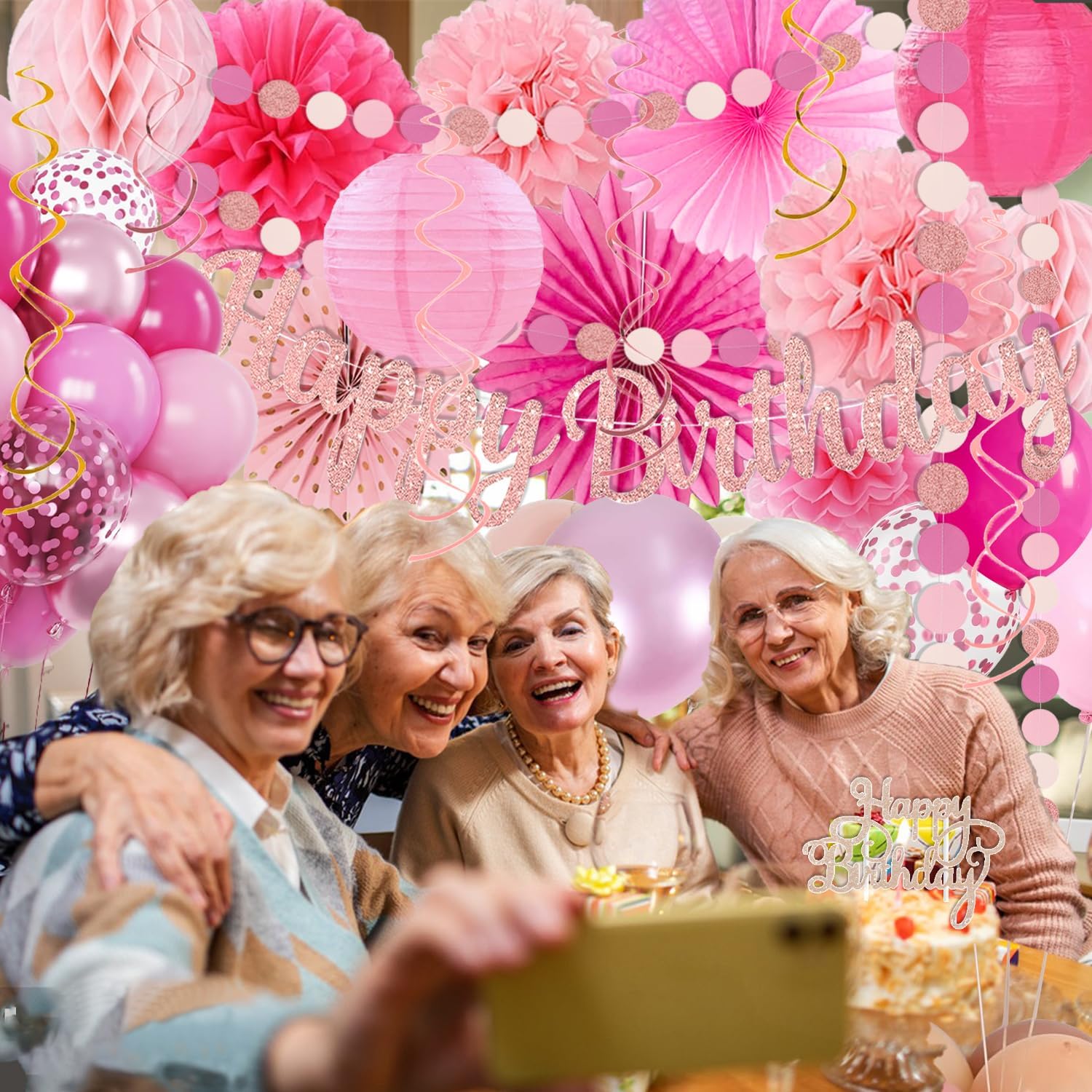 Hot Pink Boho Birthday Party Decorations - 62pcs Happy Birthday Banner, Pink Rustic Paper Lanterns, Streamers, Tissue Pom Poms, Rose Gold Blush Party Balloons, Birthday Decorations for Women Girl