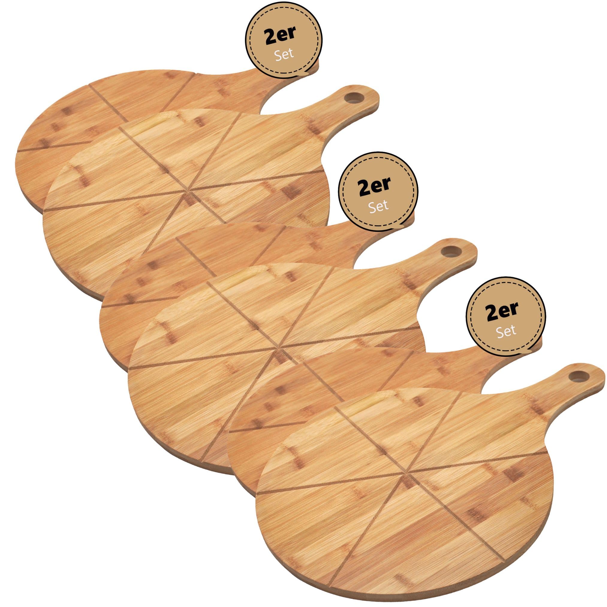 hausleben Lot de 6 Planches à Pizza en Bambou 33 cm – Planche Ronde avec Poignée et Rainures de Découpe – Plateau de Service pour Pizza, Flammekueche, Apéritif et Cuisine