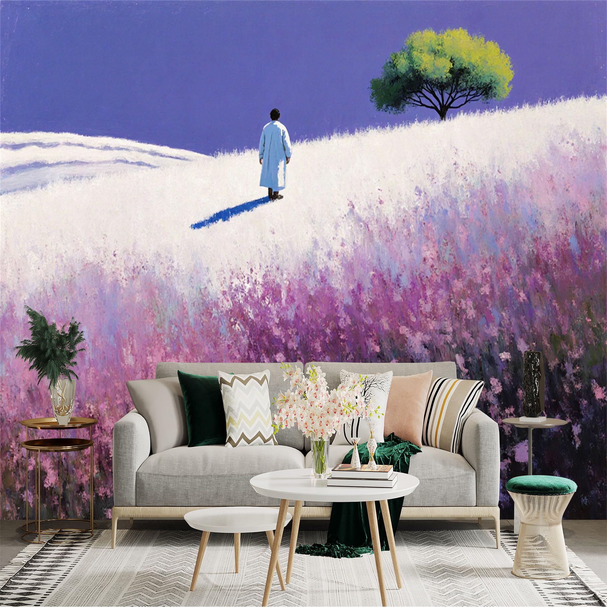 Lnzczhyre Xc260505410 Custom Size Wall Sticker Mural， Lone Person Walking In Violet Meadow， Artistic Nature Landscape， Serene Hillside Scenery， For Wall Decoration， Peelandstick Wall Decals.