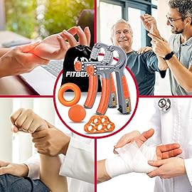 FitBeast Hand Grip Strengthener Workout Kit (5 Pack), 2 Forearm Grip Adjustable Resistance Hand Gripper, Finger Stretcher, Grip Ring & Stress Relief Grip Ball for Athletes, Orange