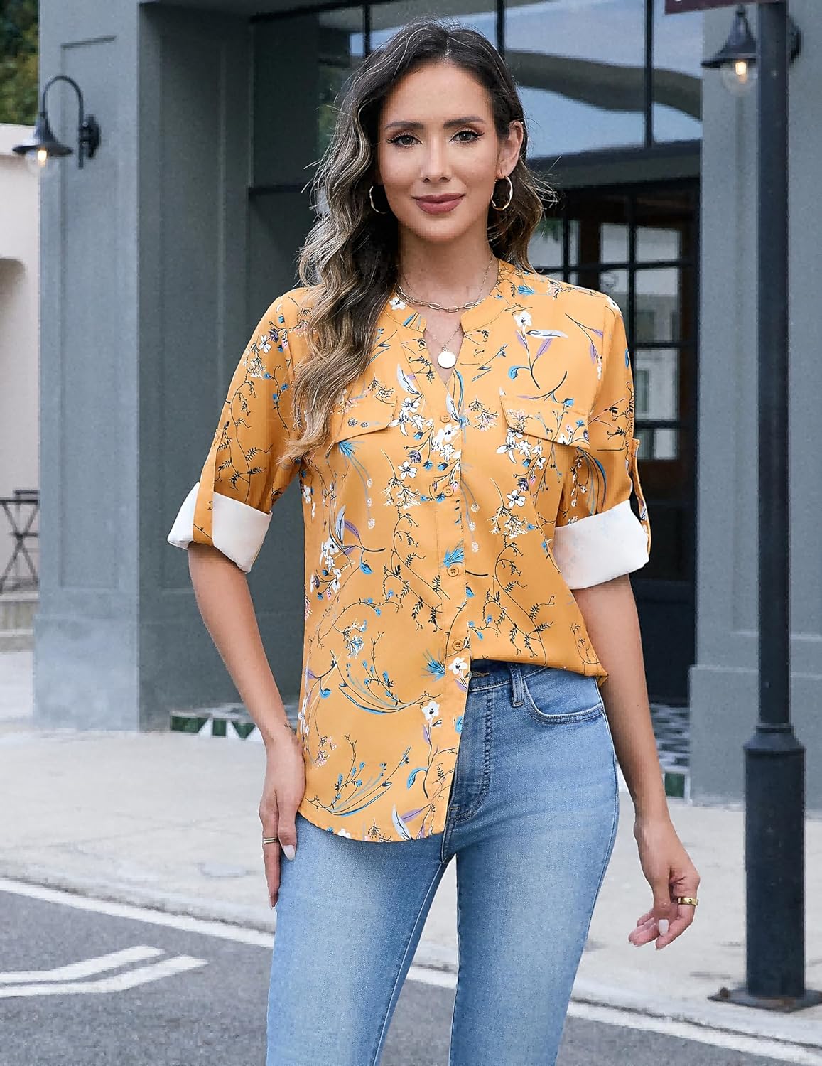 AGSEEM Button Down Shirts for Women Dressy Floral Printed Long Sleeve Blouse Business Casual Work Tops - Image 6