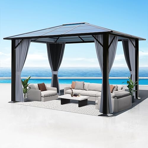 GARTOO Gazebo de policarbonato para patio de 10 x 12 pies, glorieta de techo individual para exteriores con marco de acero, glorieta para patio