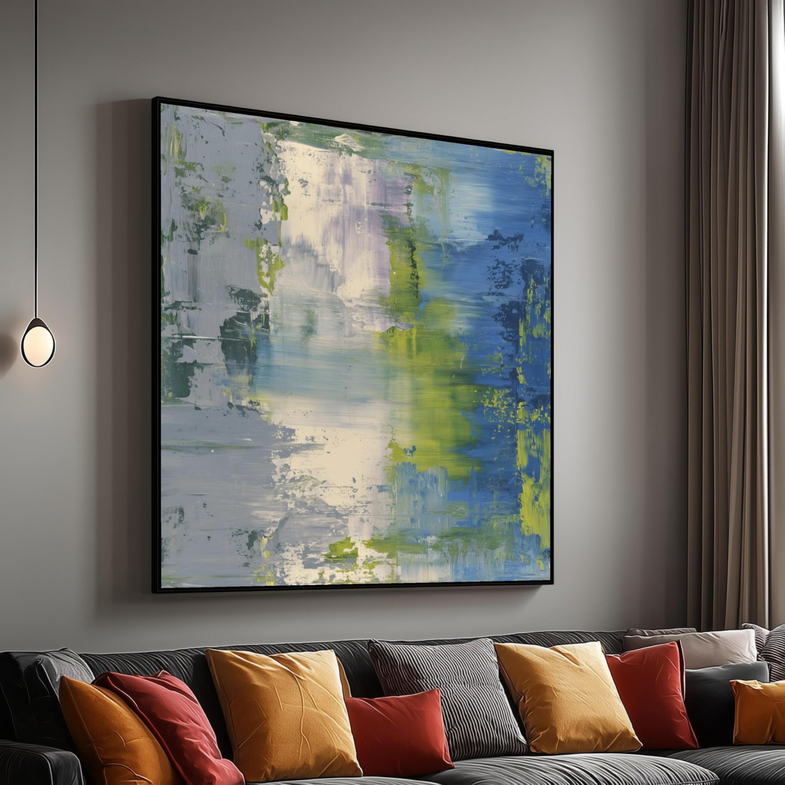 Tableau abstrait moderne bleu-vert XINBAO 80x80 cm encadré - 6