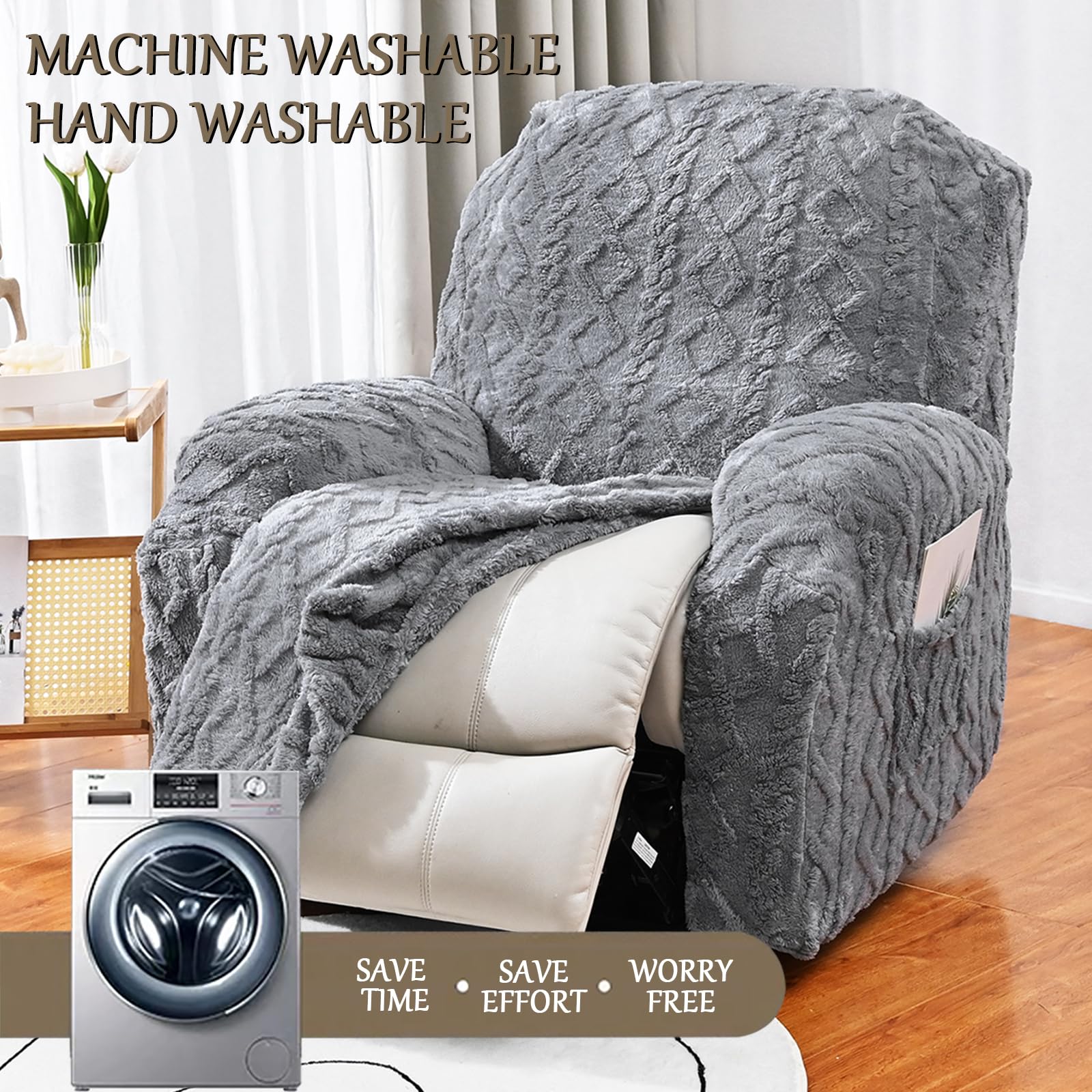 Velluto Copripoltrona Relax Reclinabile Elettrica Universale con Tasche Fodera per Poltrona, Peluche 1/2/3 Posto Copripoltrona Reclinabile Coprisedile (Grigio,2 posti | 6 PZ)