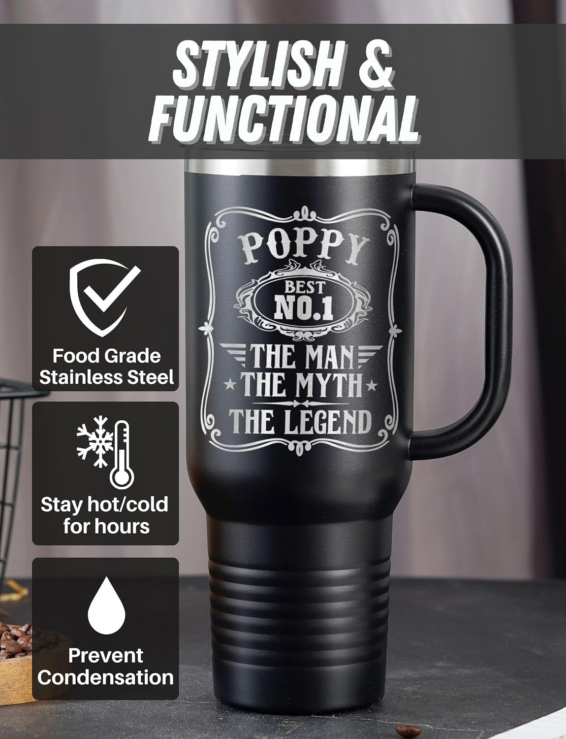 Onebttl Poppy Gifts, 40oz Tumbler with Handle, Grandpa Presents from Grandkids for Father's Day, Christmas, Birthday, Retirement, Stainless Steel Cup with Lid & Straw