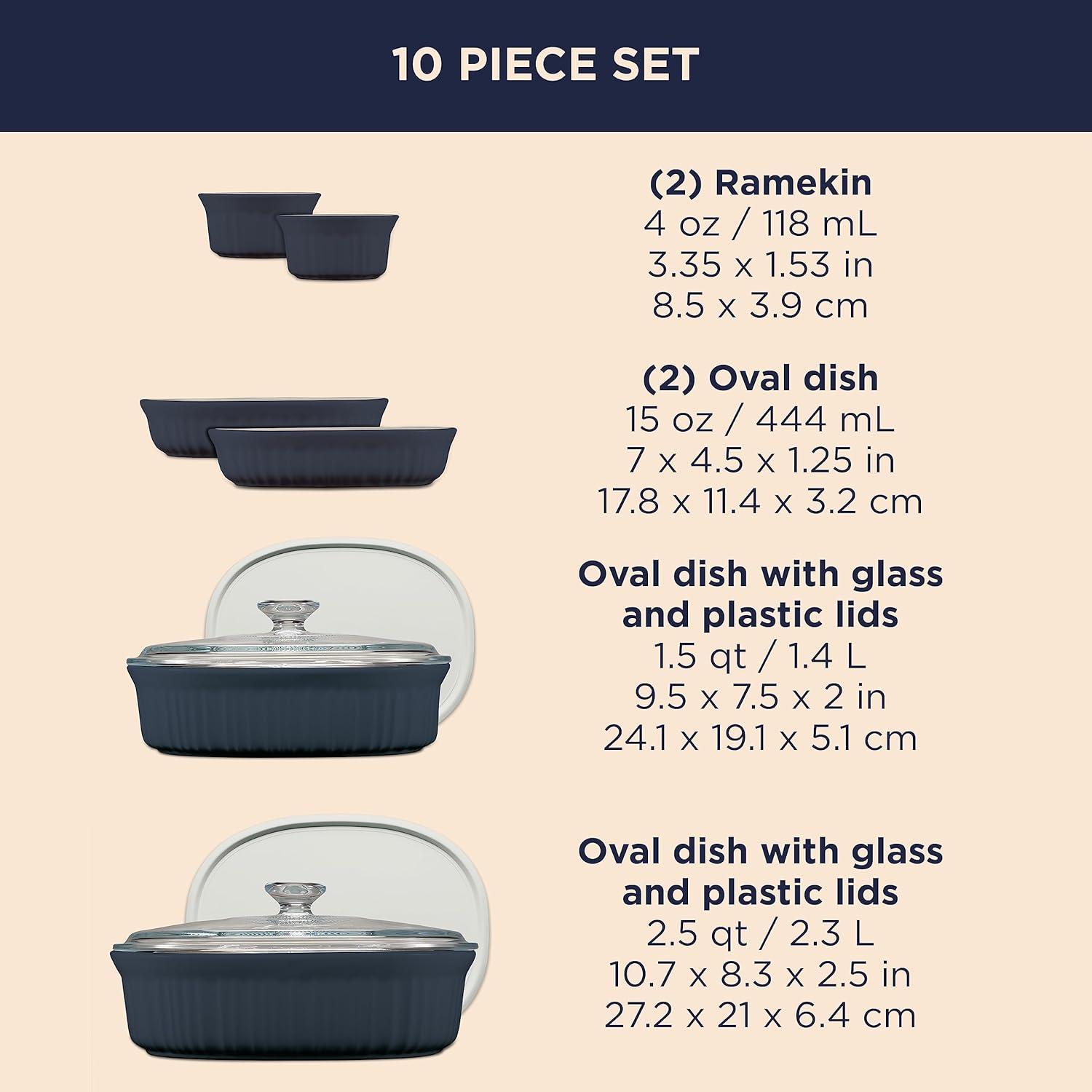 CorningWare Ceramic Bakeware Set with Lids, Chip and Crack Resistant Stoneware Baking Dish, Microwave, Dishwasher, Oven, Freezer and Fridge Safe, 10-Piece French Navy