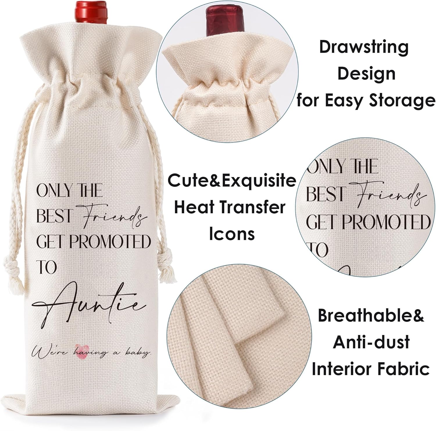 Pregnancy Announcement Wine Bag Gift - Funny New Mom Dad Pregnancy Reveal Gifts for Auntie Sister Friends, Double Sided Reusable Burlap Drawstring Wine Bag for New Baby Announcement Baby Shower - Image 3