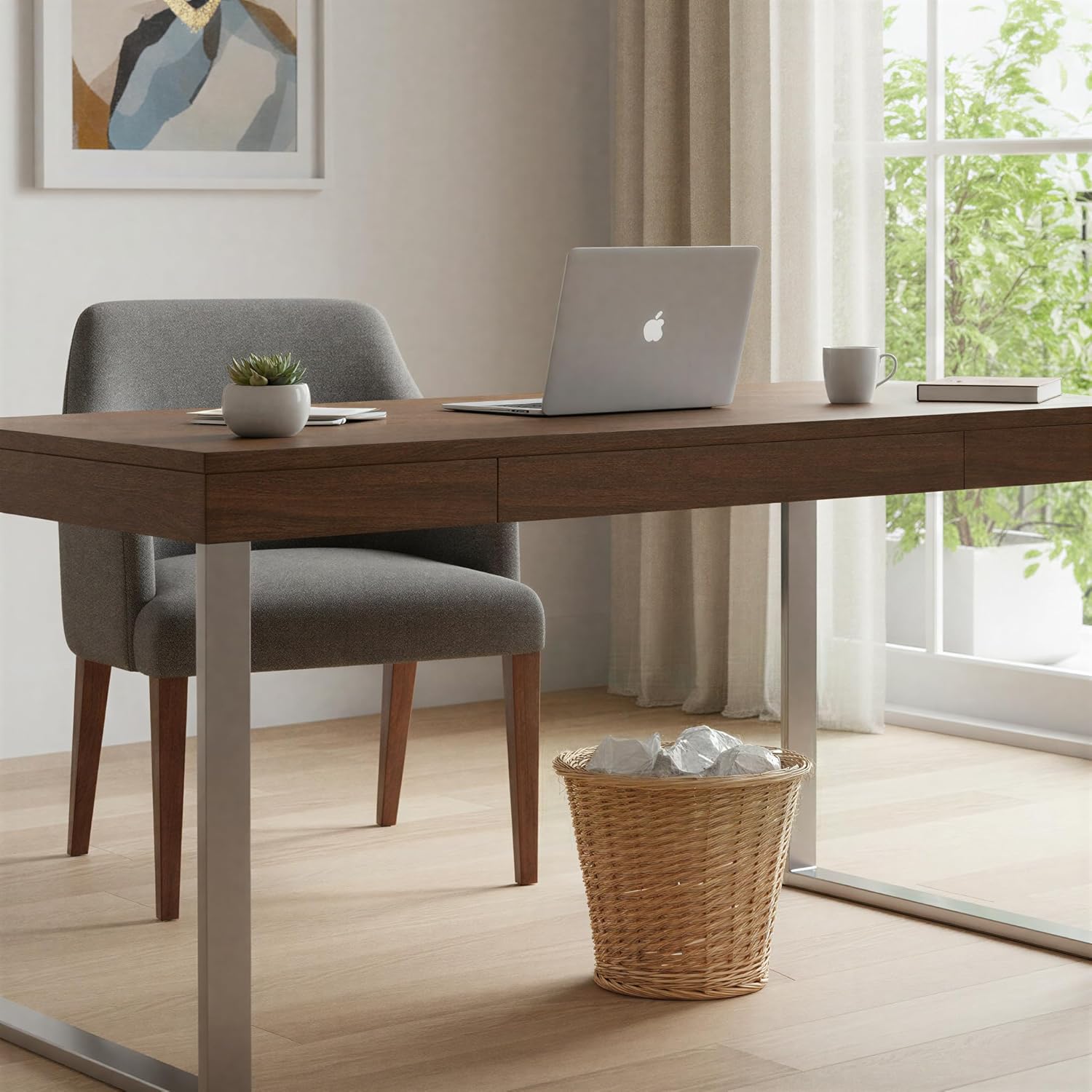 Household Essentials Willow Wicker Waste Basket, Medium, Handwoven with Built-in Plastic Liner, Durable and Attractive Weave, Tapered Design, Compact, Easy to Clean, Natural