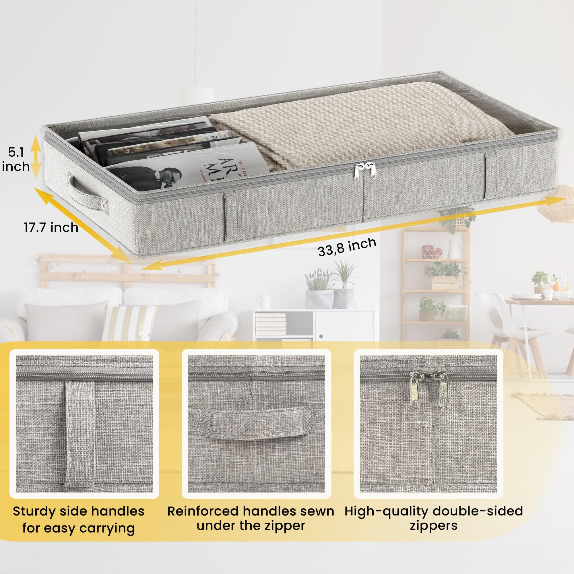 Unterbett-Aufbewahrungsbehälter, niedriges Profil, 12,7 cm hoch, 85,9 x 45 x 13 cm, stabiler Unterbett-Schuh-Organizer, faltbar, Stoff unter dem Bett, 2 Stück, Hellgrau und Weiß