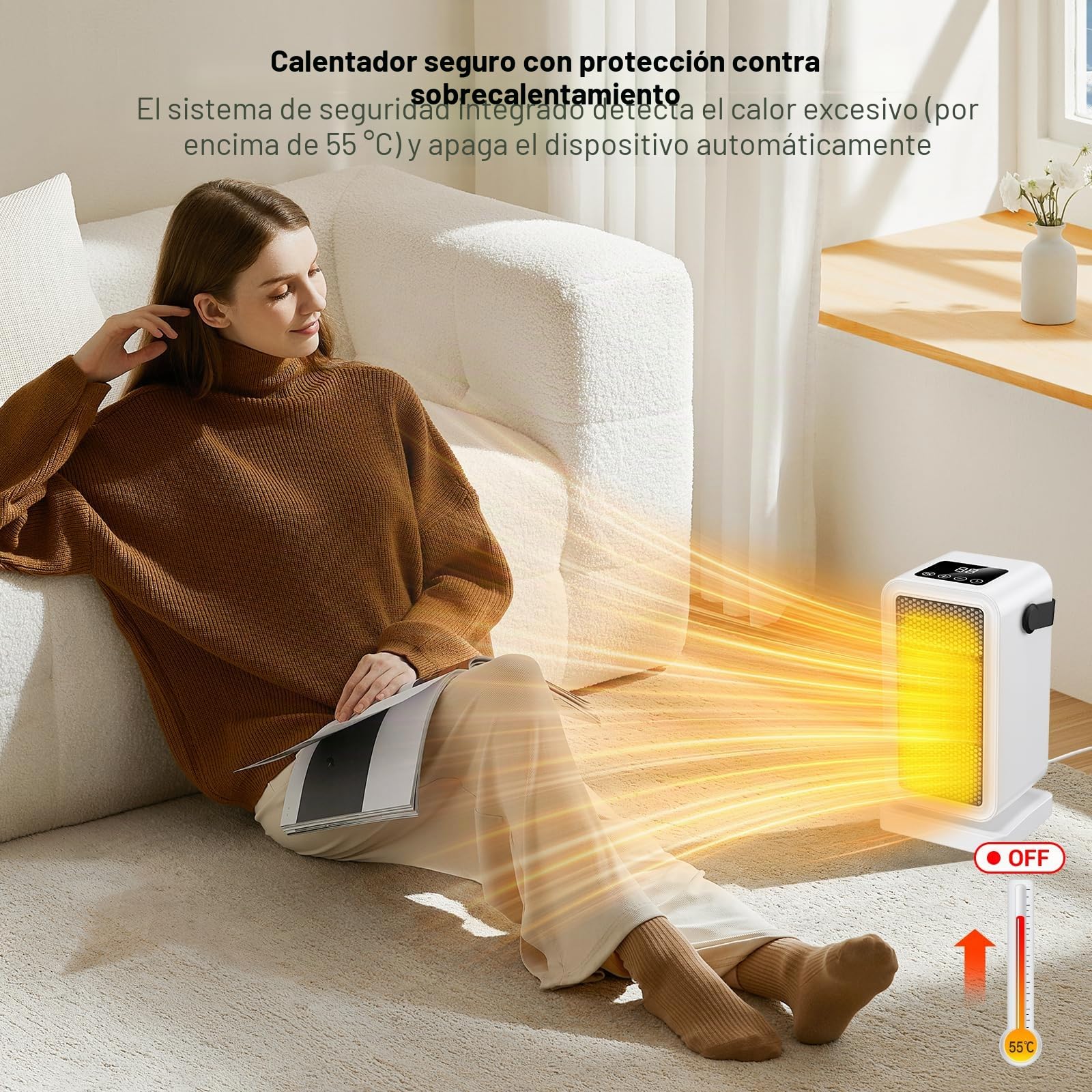 Calefactor Eléctrico 1200W, Mini PTC Cerámico Calefactor con Pantalla LCD, Control Remoto, Termostato, 2 Modos, Temporizador 12H, Protección Contra Sobrecalentamiento, para Oficina, Hogar, Dormitorio