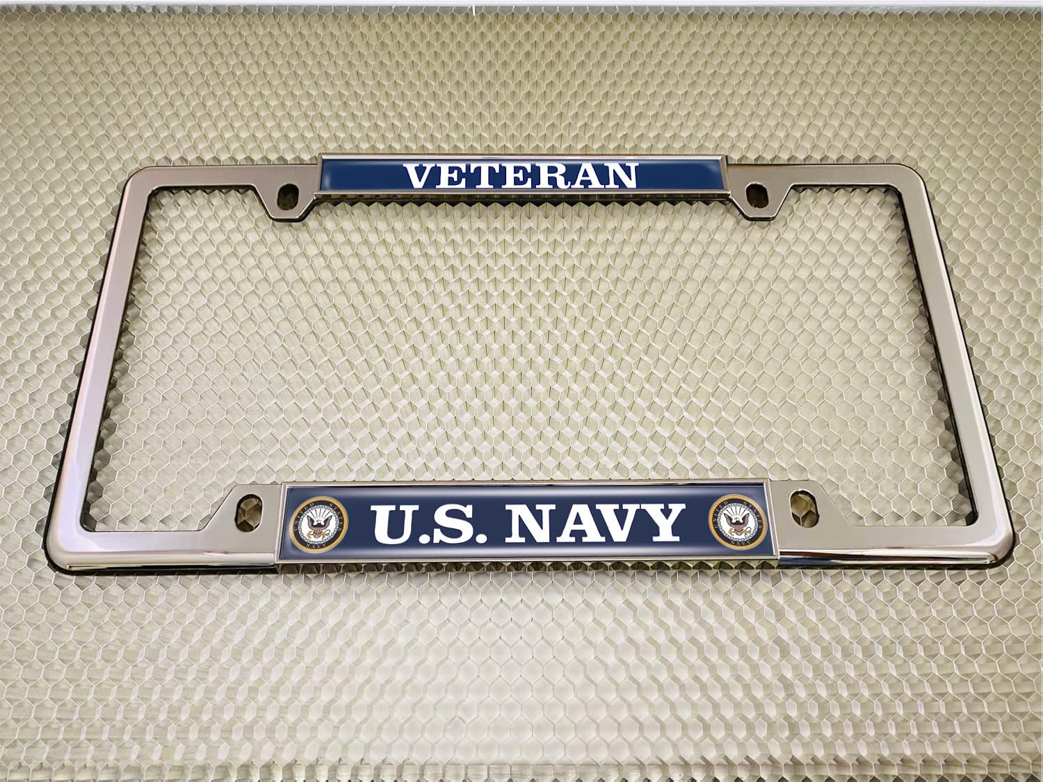 [Officially Licensed Product] - U.S. Navy Veteran with Eagle, Anchor Logo - Domed Custom-Made Personalized Narrow (Thin) Top 4 Hole Metal Car License Plate Frame with Free caps - Chrome (Qty:1 Frame)