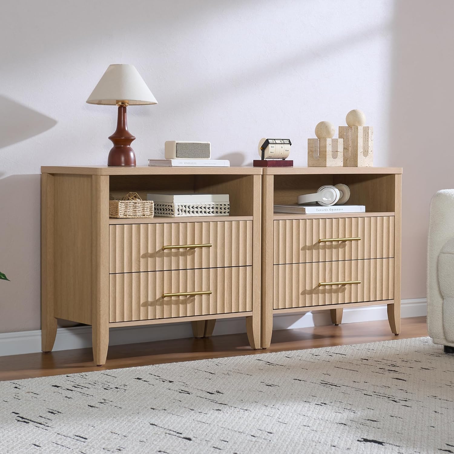 Fluted Nightstand with 2 Drawers, 27" Modern Nightstands Set of 2 with Storage, Large Queen Size Bed Side Table and End Table for Bedroom, Living Room, Office,(Natural Oak,2 Pieces)