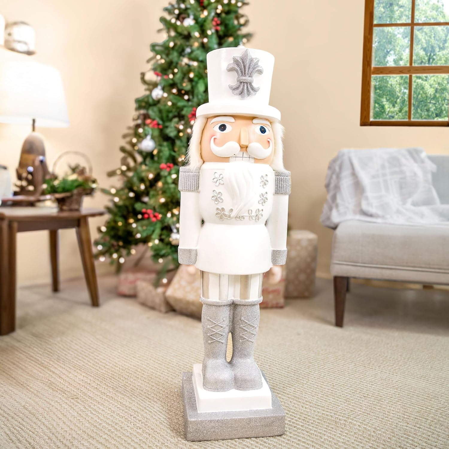 Sunnydaze 3ft Sterling the Silver Nutcracker Christmas Decoration - Polyresin Indoor or Outdoor Nutcracker Statue