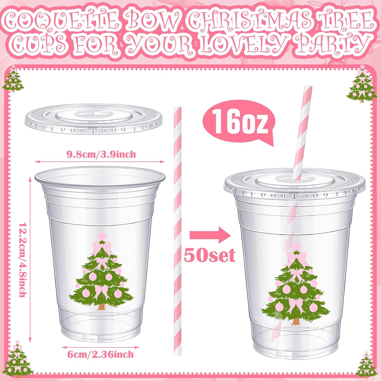 Sliner 50 Pcs 16 oz Coquette Disposable Plastic Cups with Straw for Party Supplies Bow Cups Birthday Wedding Bridal Engagement Party Drinkware Baby Shower Decoration (Christmas Tree)