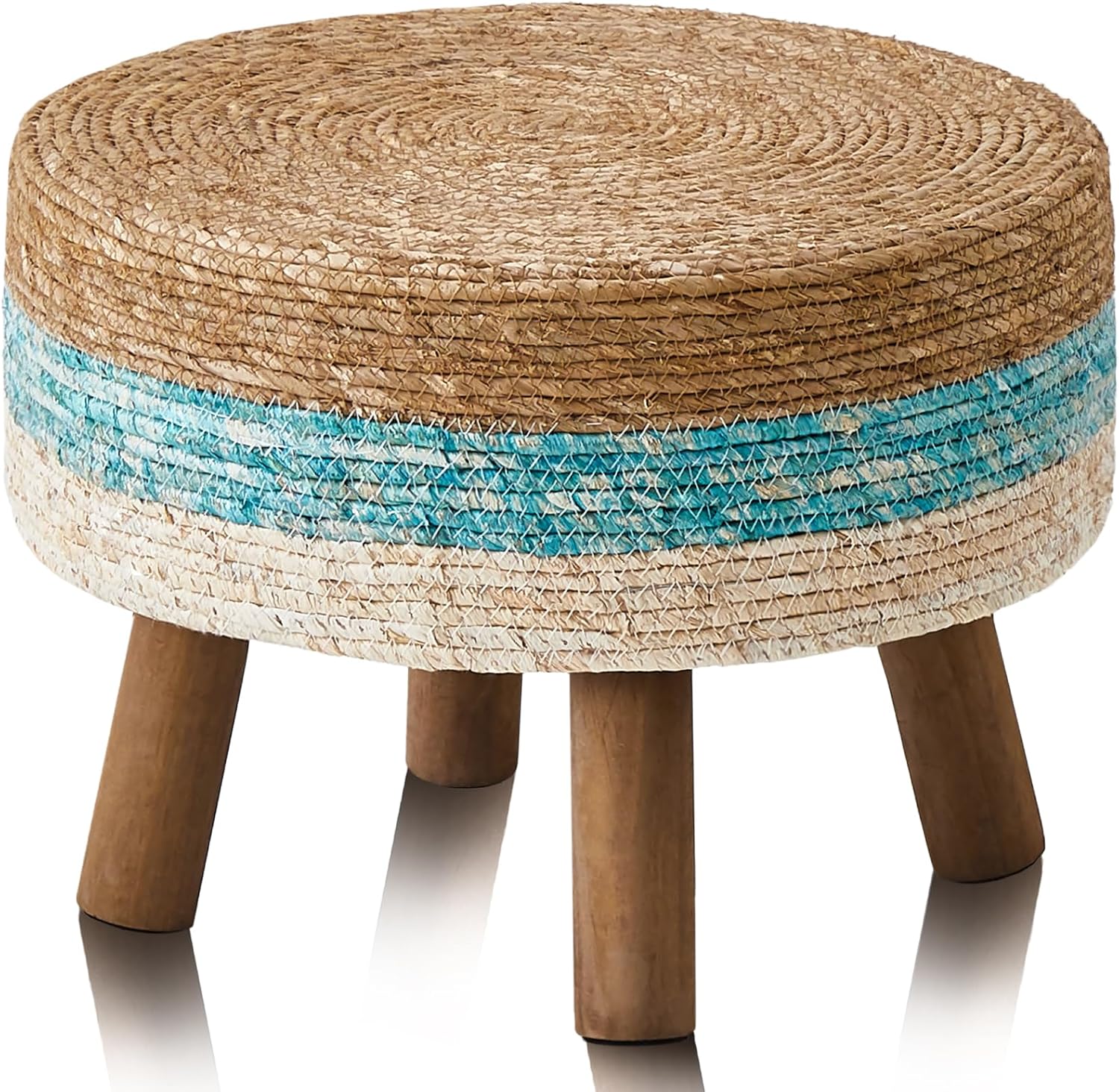 Wimarsbon Pouf Ottoman, Round Footstool with 4 Wood Legs, Handmade Natural Straw Footrest, Accent Vanity Chair, Multifunctional Modern Dressing Stool, Sofa Side Table for Bedroom (Lake Blue)