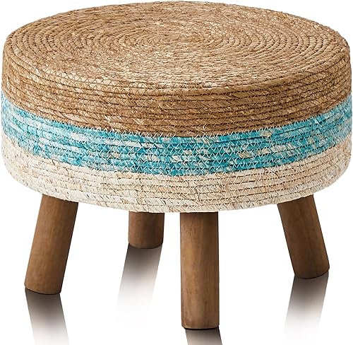 Wimarsbon Puf otomano, reposapiés redondo con 4 patas de madera, reposapiés de paja natural hecho a mano, silla de tocador, taburete moderno