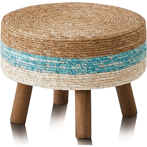 Wimarsbon Pouf Ottoman, Round Footstool with 4 Wood Legs, Handmade Natural Straw Footrest, Accent Vanity Chair, Multifunctional Modern Dressing Stool, Sofa Side Table for Bedroom (Lake Blue)