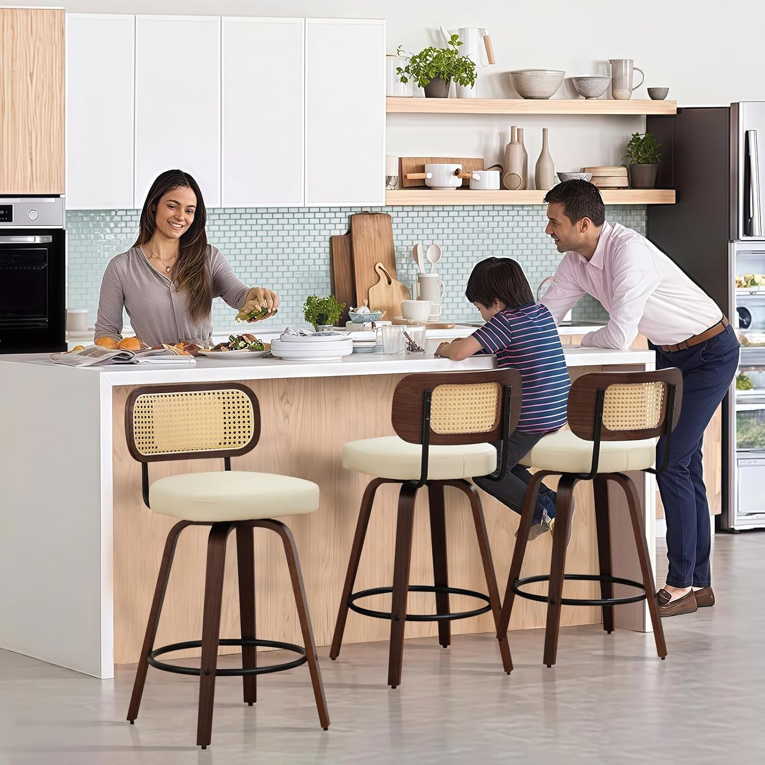 Swivel Bar Stools Set of 3,26" Rattan Counter Height Stools with Cane&Walnut Back, Faux PU Leather Counter Barstools with Bentwood Legs for Island/Kitchen/Counter/Bar,Beige