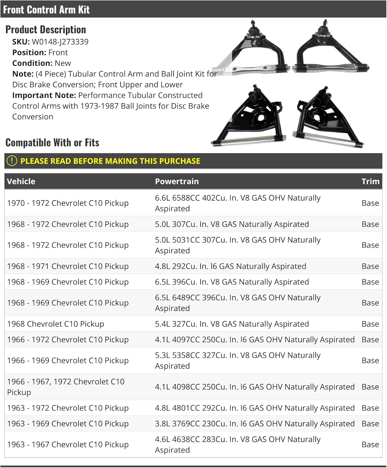 Marketplace Auto Parts Front Tubular Control Arm Kit - Compatible with 1963-1972 Chevy C10 Pickup (for Disc Brake Conversion)