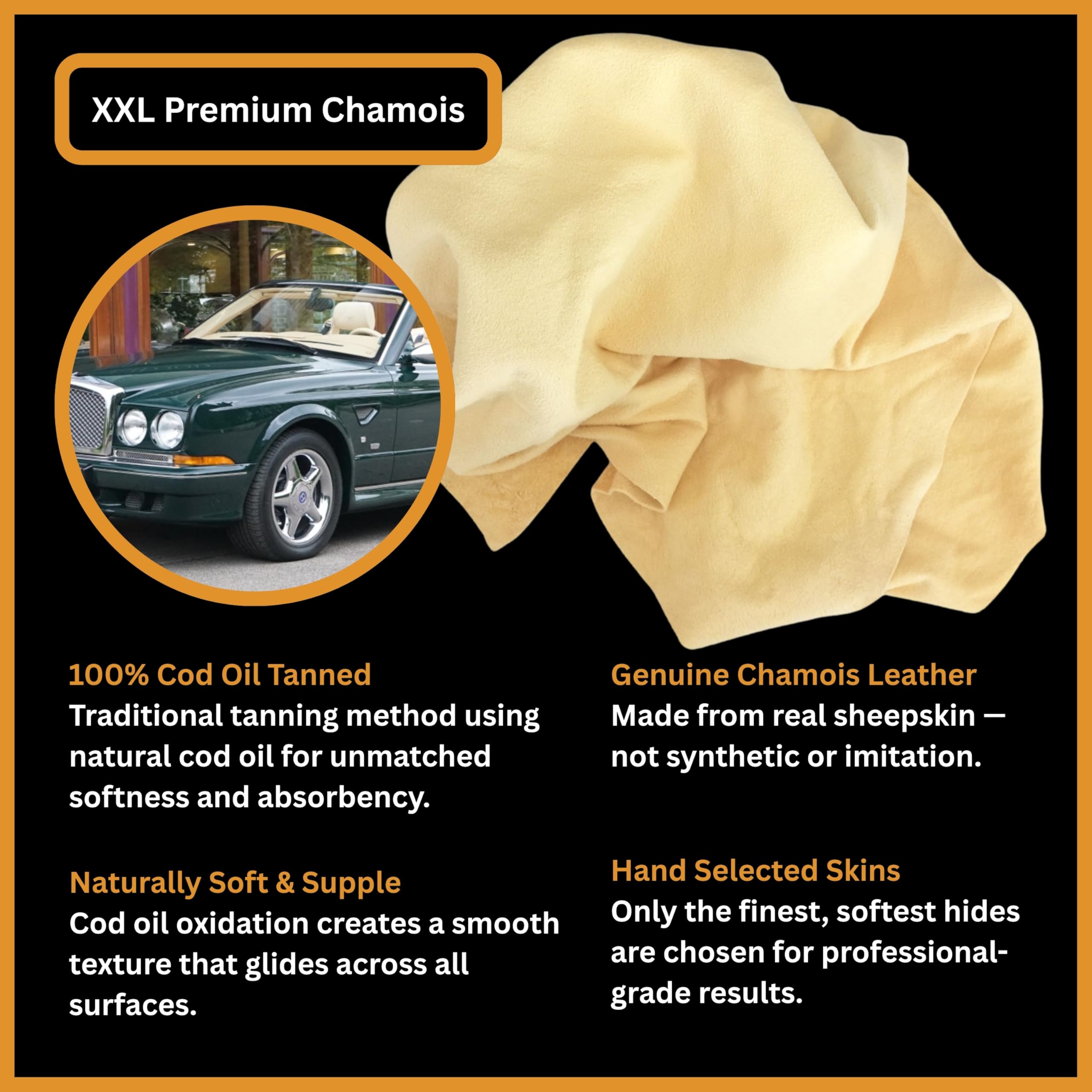 Tek Automotive Pelle di camoscio per auto – Qualità professionale XXL Full Cod conciata all'olio – 100% vera pelle shammy panno per asciugatura e lucidatura auto