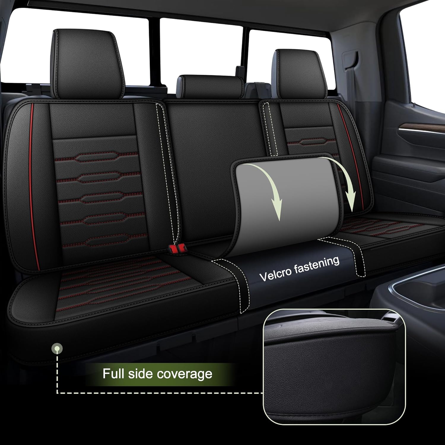 AOMSAZTO Truck Seat Covers for Chevrolet Chevy Silverado 2007-2025 2026 1500 2500HD 3500HD - Full Set - Waterproof Faux Leather Pickup Truck Interior Seat Covers Seat Protector (Black&Redline)
