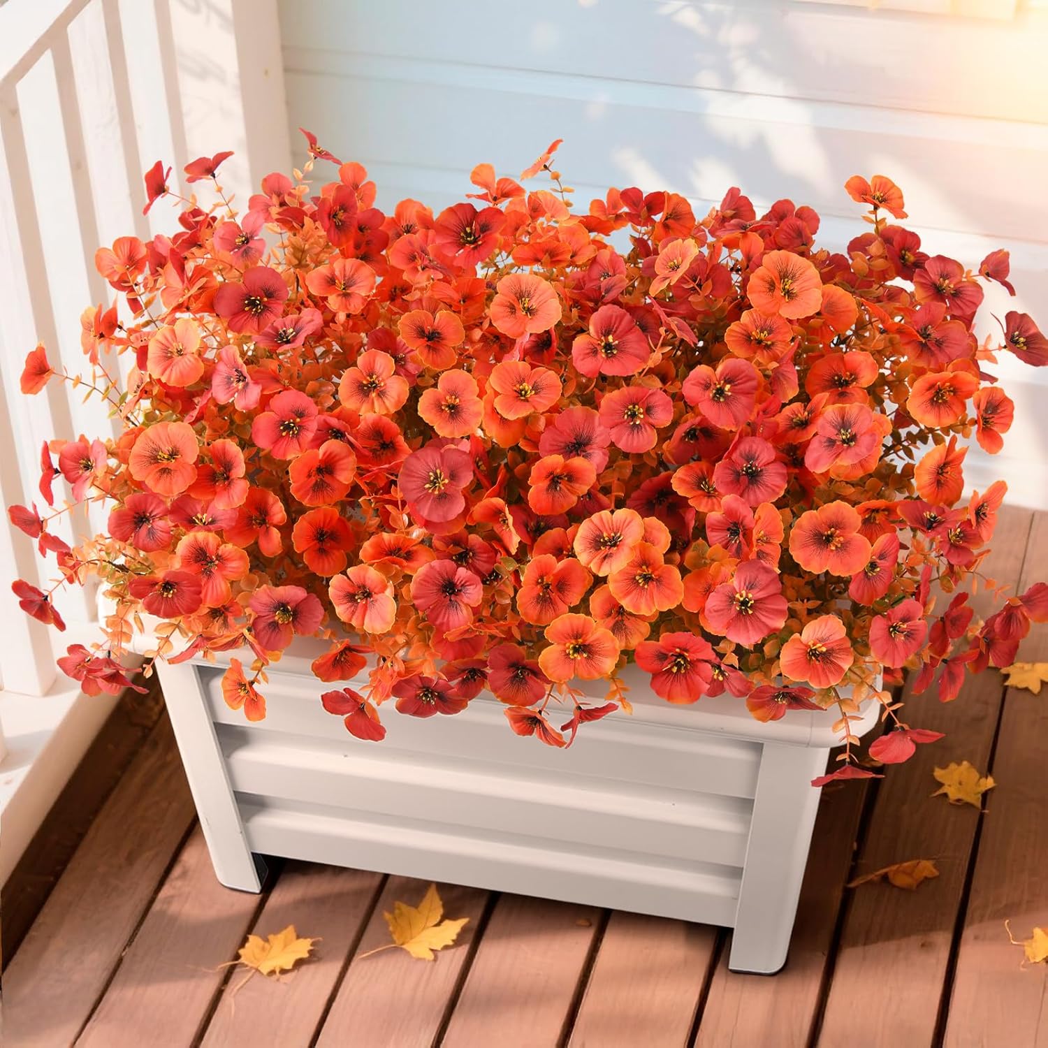 INQCMY Artificial Fall Flowers for Outdoor, 12 Bundles Faux Pansy Fake Mums Flowers Plants Outdoor Fall Decor, UV Resistant No Fade Silk Flower for Porch Planter Patio Yard Garden(Orange Autumn Red)