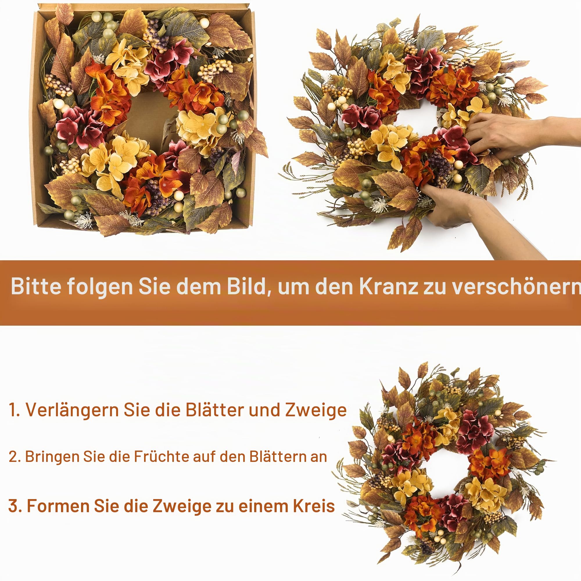 Herbstkränze für Haustür, 55,9 cm, Herbstkranz mit Hortensien, Beeren, Herbstblätter, Heimdekoration für Außenbereich, Wohnzimmer, Innenwand und Außen, Herbst
