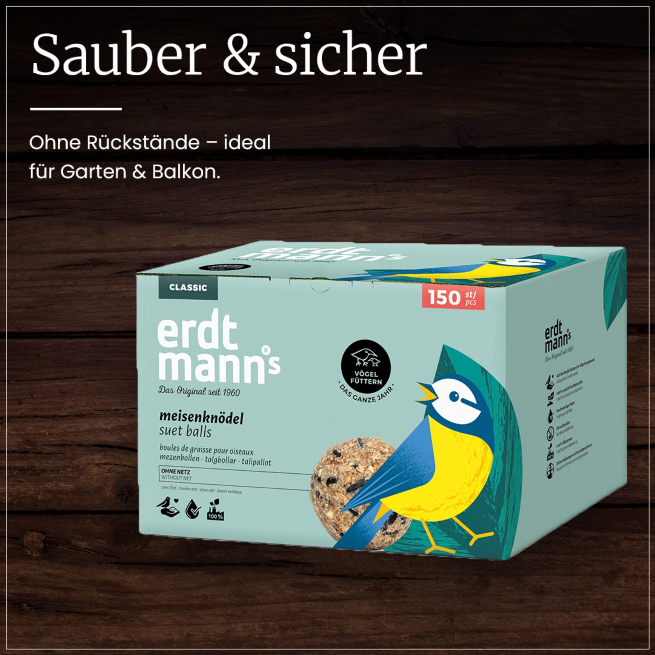 Erdtmanns Meisenknödel ohne Netz 150 Stück (13,2 kg Netto) – Wildvogelfutter im Karton – Umweltfreundliche Knödel - ganzjährige Fütterung – Meisen, Finken & Singvögel