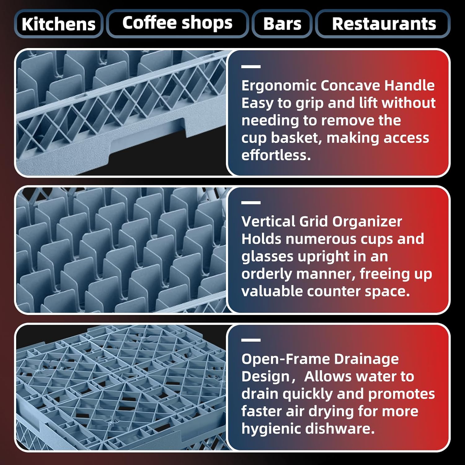 Commercial Stackable Dishwasher Rack, 2 Pack 25 Compartment with 3 Extenders, Extendable Height, Quick-Dry Base, Concave Handle
