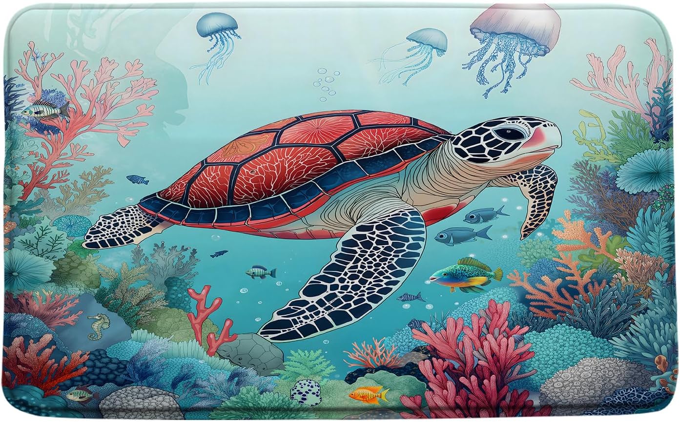 Sea Turtle Bath Mat Teal Blue Ocean Nautical Coastal Fish Beach Seashell Starfish Bathroom Mat Rug Memory Foam Doormat，23.5x35.5 Inch