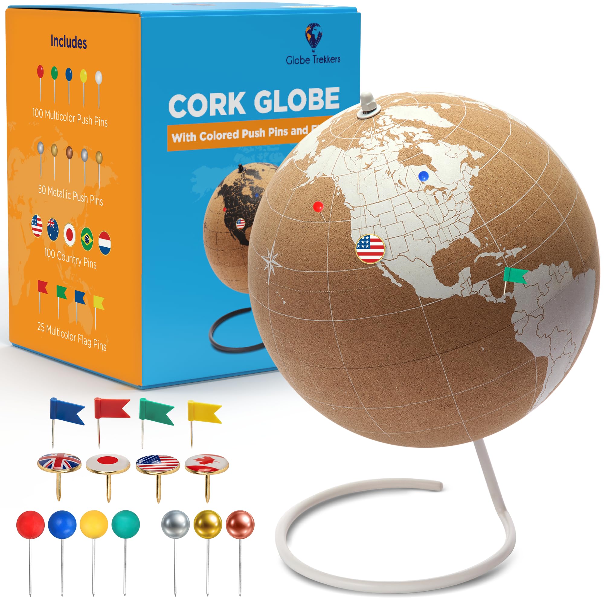 Globe Trekkers - Large White Cork Globe with 100 Red Colored Push Pins & Durable Steel Base - 10 Inches | Great for Mapping Travels & Educational Purposes | Does Not Have Plastic Strip Like Most