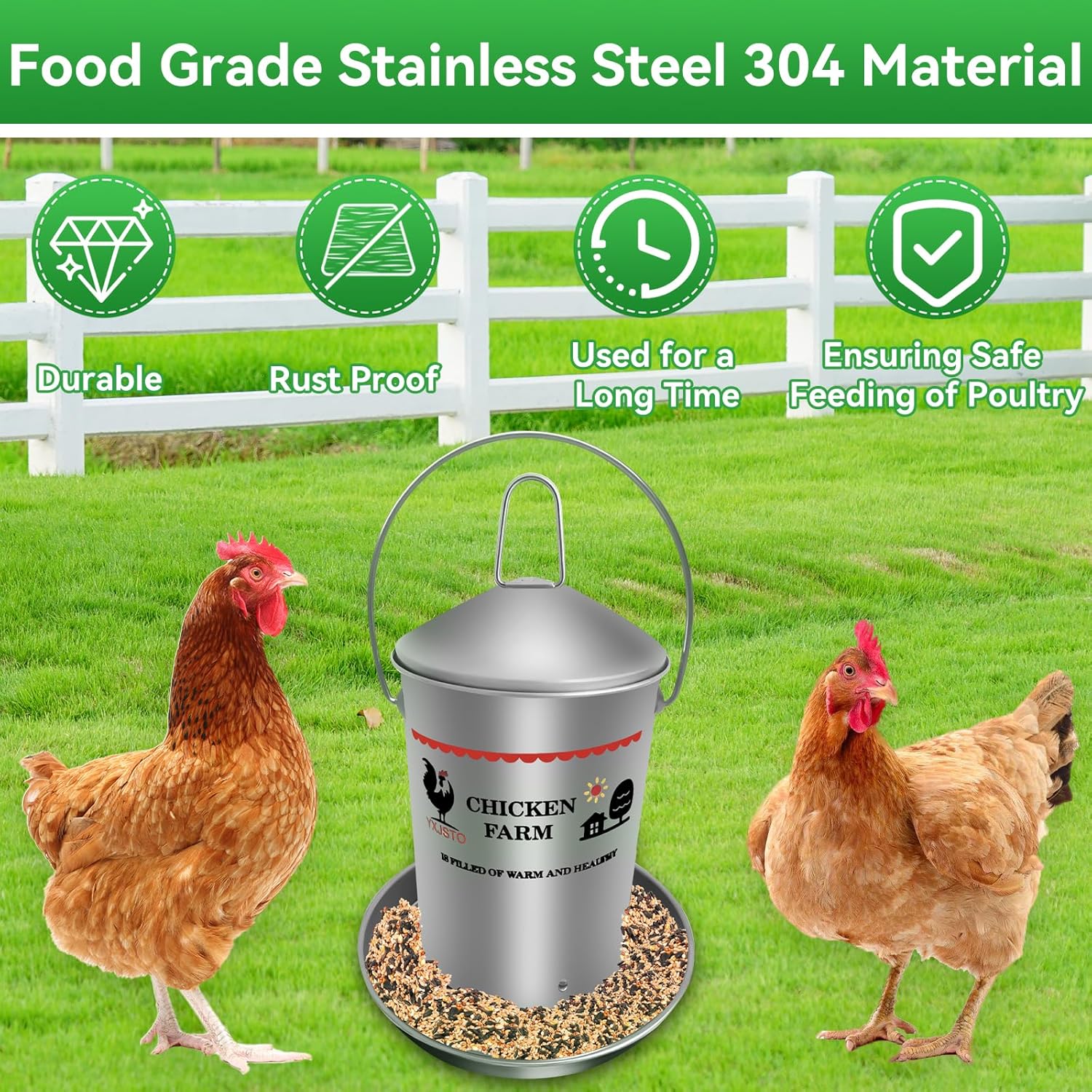 6.6 Lb Stainless Steel Poultry Feeder, Automatic Chicken Feeder No Waste, Hanging Chicken Feeder Heavy Duty Reliable Long-Lasting with Handle, Top Filled