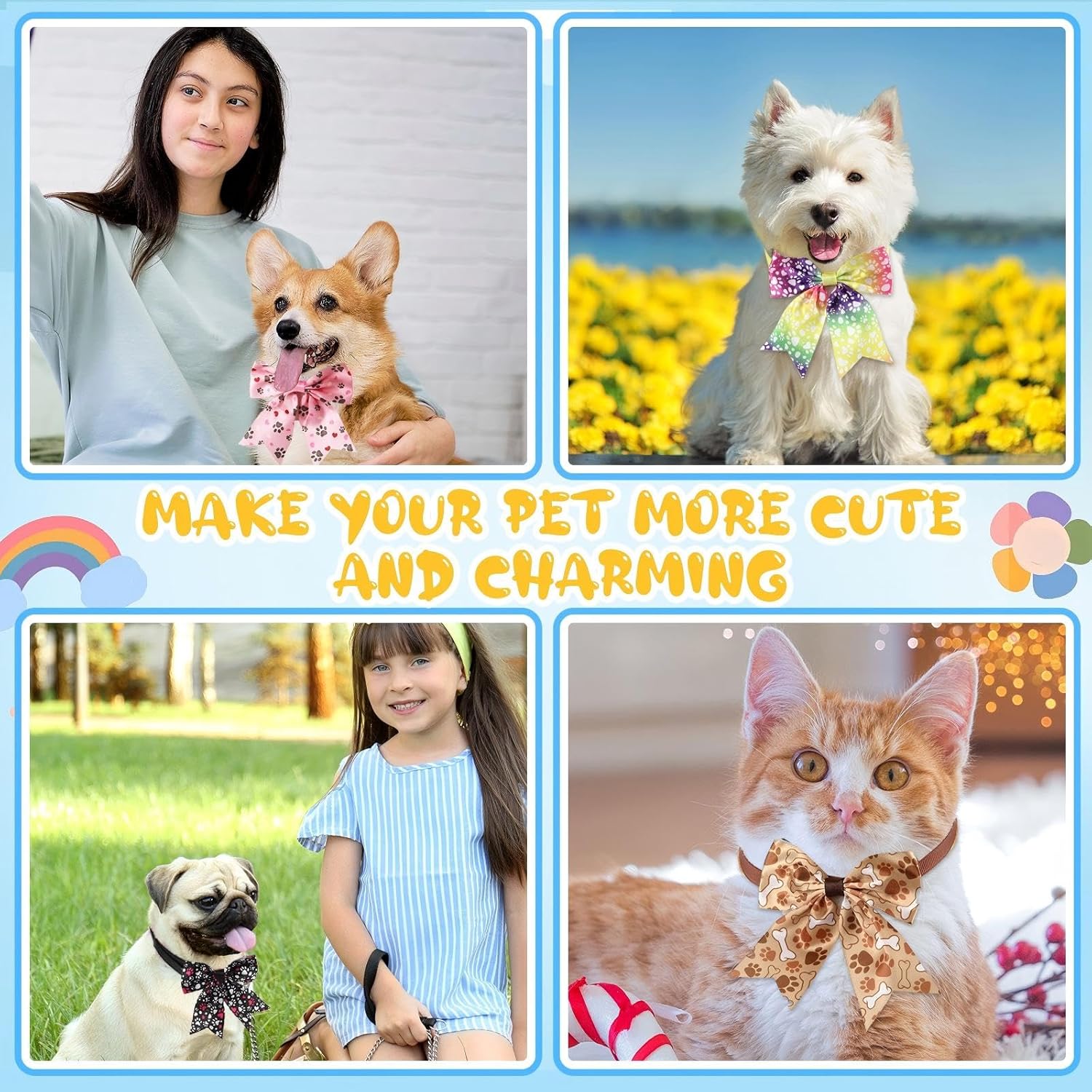 Yunsailing 100 Pcs Dog Bow Ties Bulk Dog Bows with Adjustable Collar Cat Bowtie Pet Grooming Neck Collar for Small Medium Pets Birthday Holiday Photography Accessories(Dog Paw)